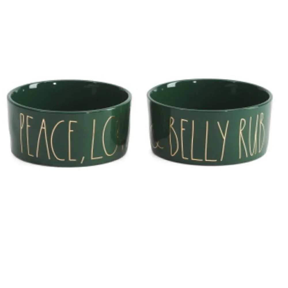 Rae Dunn New Green Peace Love & Belly Rub Pet Food & Water Bowls 2 Piece Set